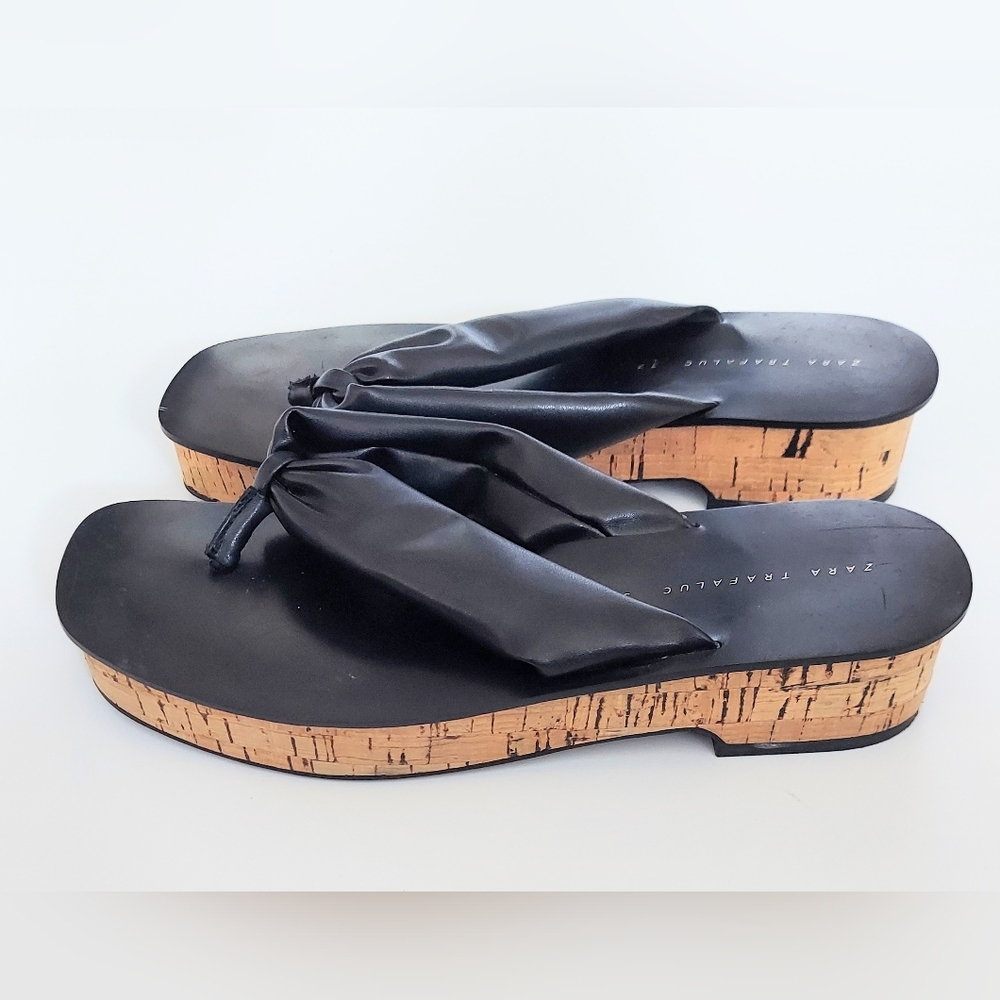 Zara Open Thong Sandal Clogs Cork Sole Black Shoes Size 37